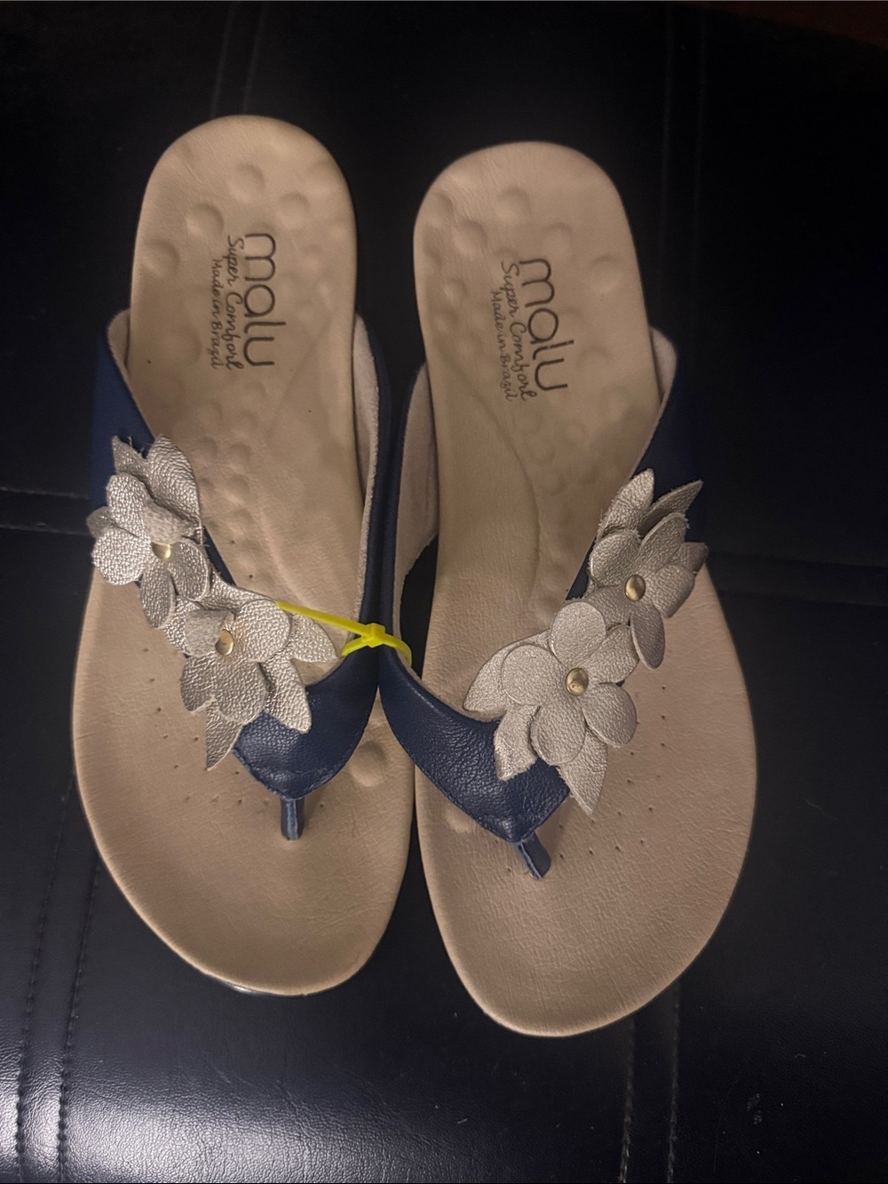 Malu Women's Navy Thong Sandals with Silver Floral Accents